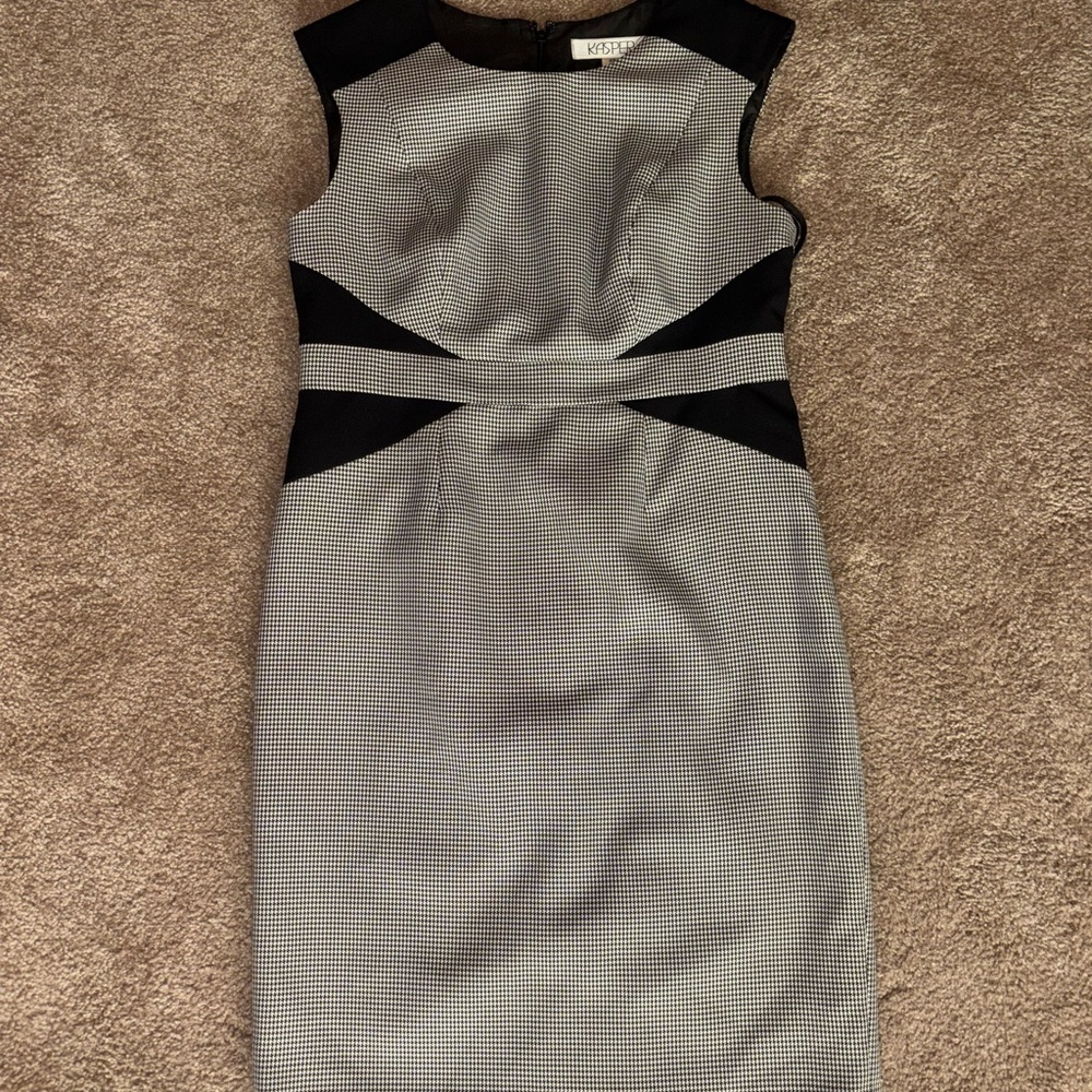 Kasper Black and Gray Sheath Midi Dress Sleeveless Crew Neck